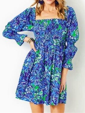 Lilly Pulitzer Beyonca Smocked Floral Mini Dress Women’s Small Blue Green Pocket